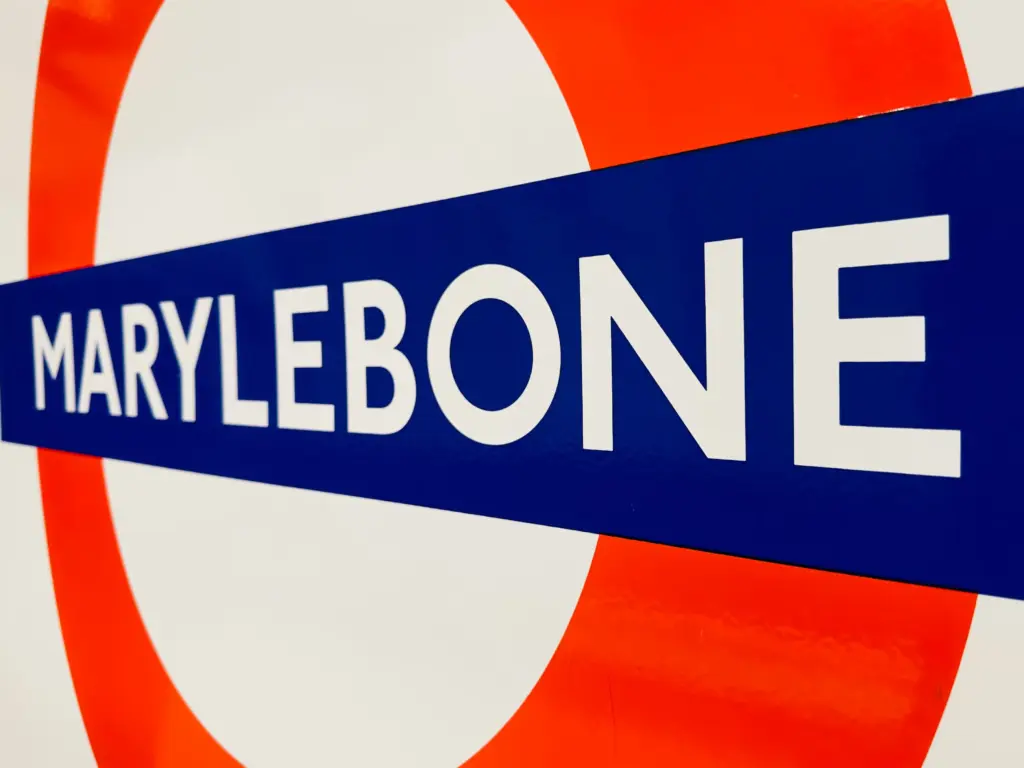 Interior of The Marylebone Hotel. Marylebone Tube Sign